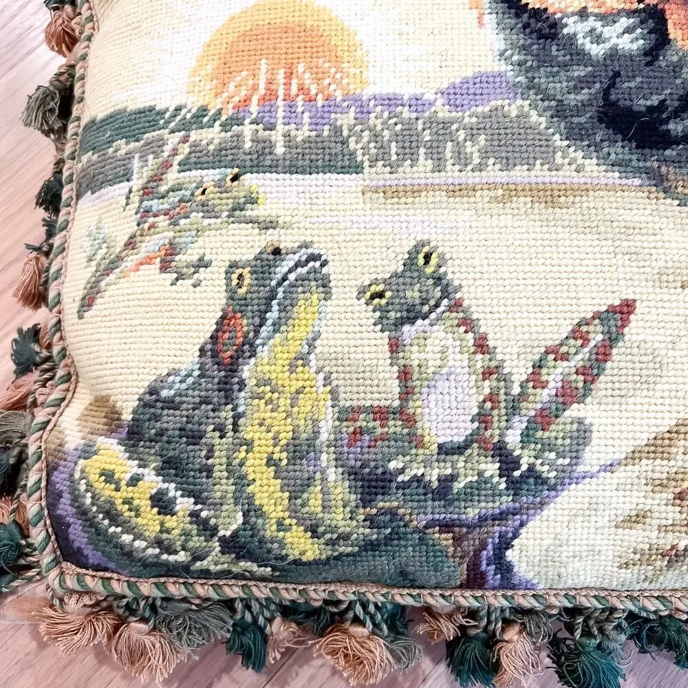 LARGE 22x18 Vintage French Country Rooster Frog Needlepoint Pillow Tassel Fringe - Picture 3 of 10